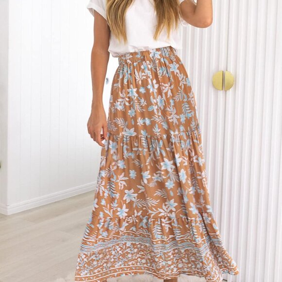 Women's 2025 Summer Bohemian Floral Printed Elastic Waist A Line Maxi Skirt with - Picture 3 of 6